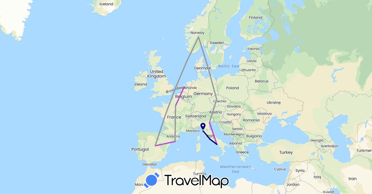 TravelMap itinerary: driving, plane, train in Czech Republic, Spain, France, United Kingdom, Italy, Netherlands, Norway (Europe)